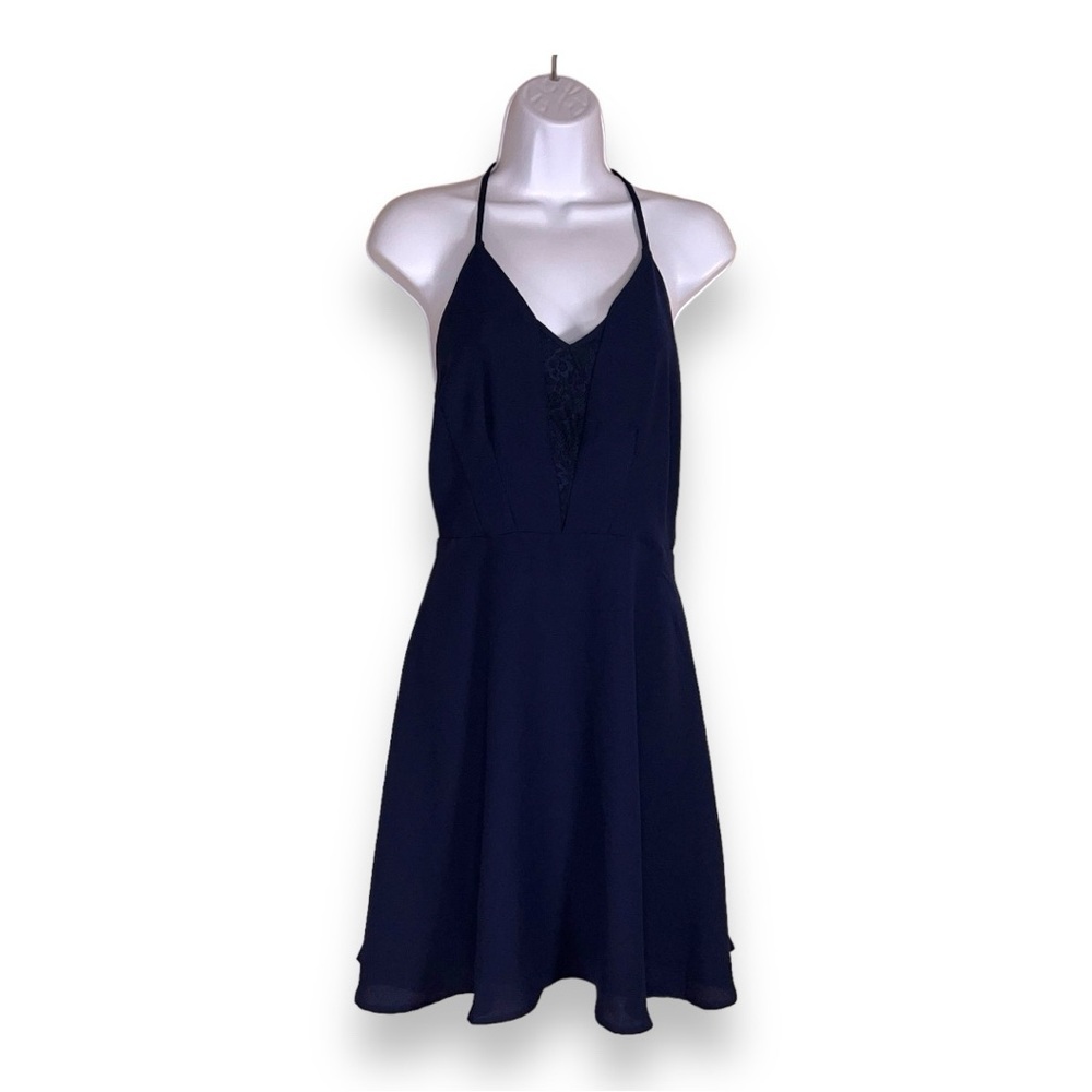 NEW SMALL 19 COOPER NAVY BLUE DRESS SLEEVELESS LACE ACCENT ALINE VNECK